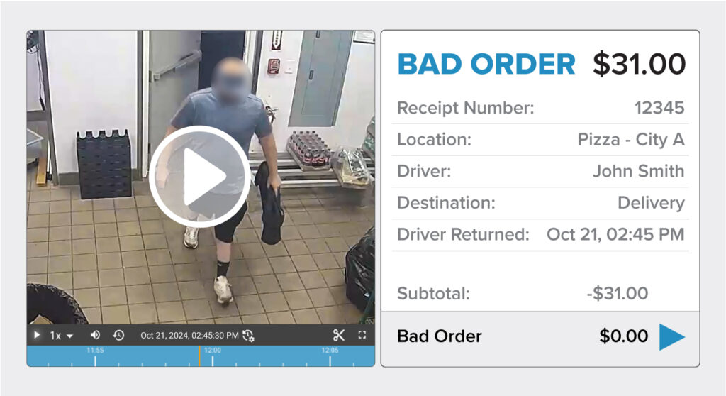 viewing video of a delivery driver returning and receipt gives order details.